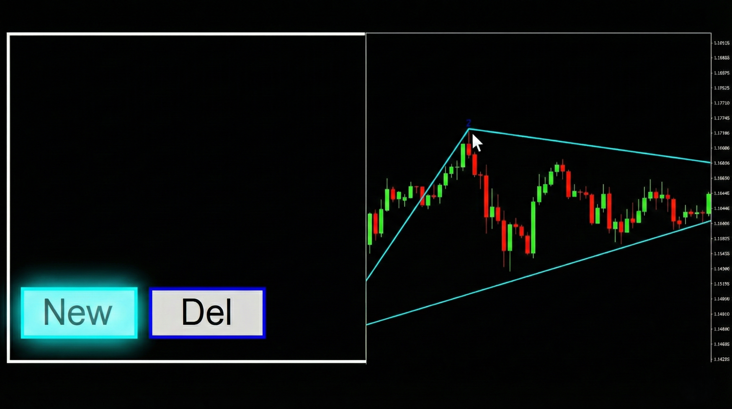 Split screen showing the Apex Triangle Indicator interface 'New' button and a mouse cursor dragging a triangle vertex to the exact tip of a candle wick.