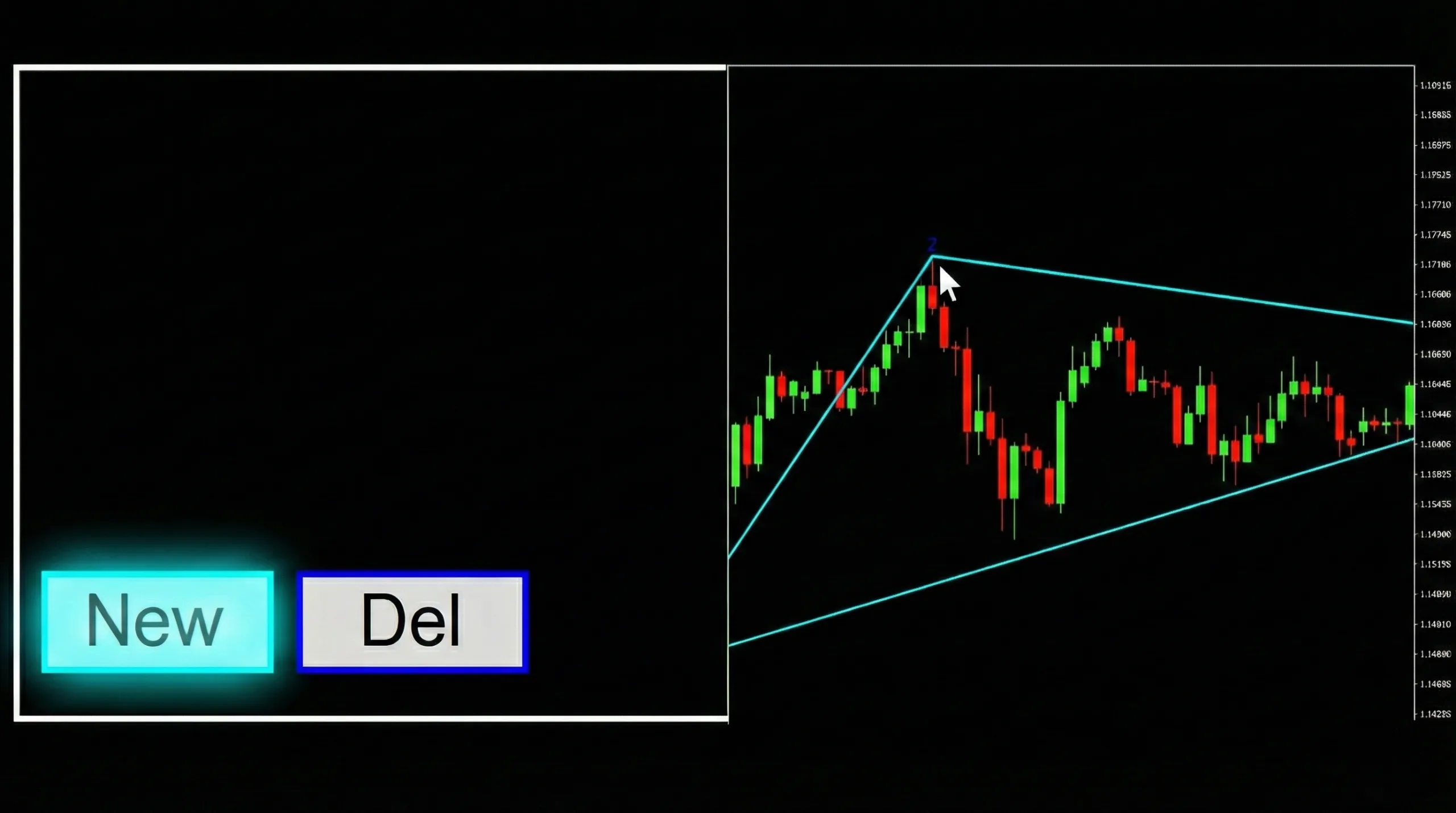 Split screen showing the Apex Triangle Indicator interface 'New' button and a mouse cursor dragging a triangle vertex to the exact tip of a candle wick.