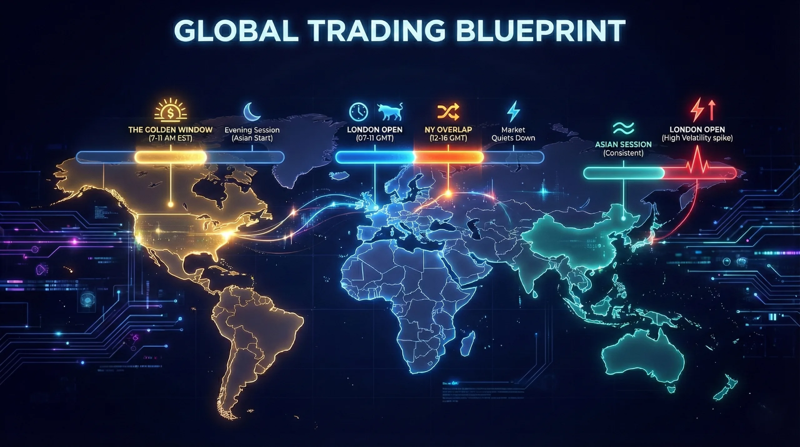 Infographic map titled 'Global Trading Blueprint' showing the best Forex trading times for residents of North America, Europe, and Asia. It highlights the 'Golden Window' for the US, the London Open and NY Overlap for Europe, and the high-volatility London Open for Asian traders, with specific times and market characteristics for each region.