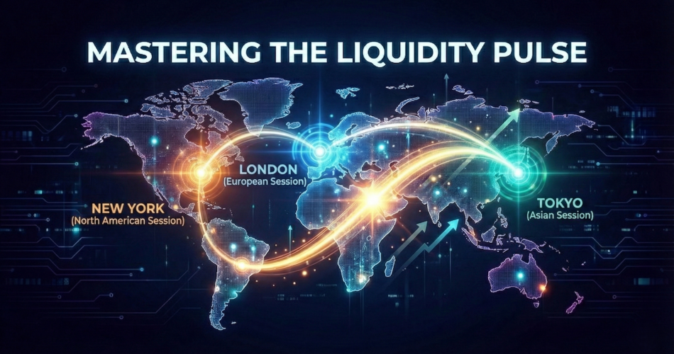 World map infographic titled 'Global Forex Market Hours: Mastering the Liquidity Pulse'. It visualizes the major trading sessions—Tokyo, London, and New York—as glowing hubs connected by bright liquidity streams, illustrating the active times and overlaps in the global forex market.