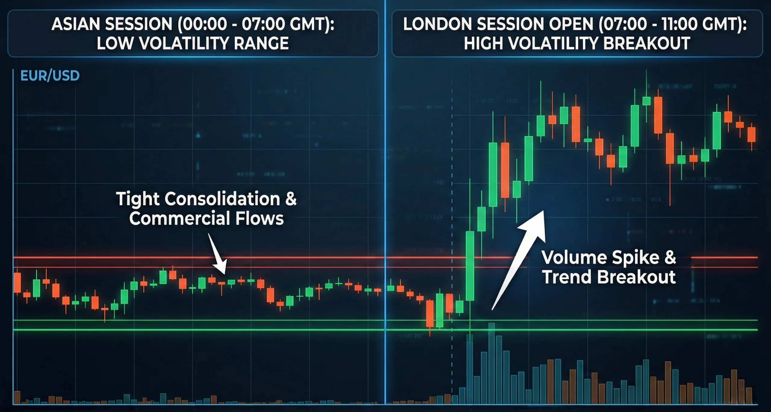 Split-screen Forex chart comparing market volatility: The left side shows the Asian Session (Tokyo) with small candlesticks in a tight consolidation range. The right side shows the London Session Open with large, bullish candlesticks breaking out upwards, illustrating a sudden spike in volume and volatility.