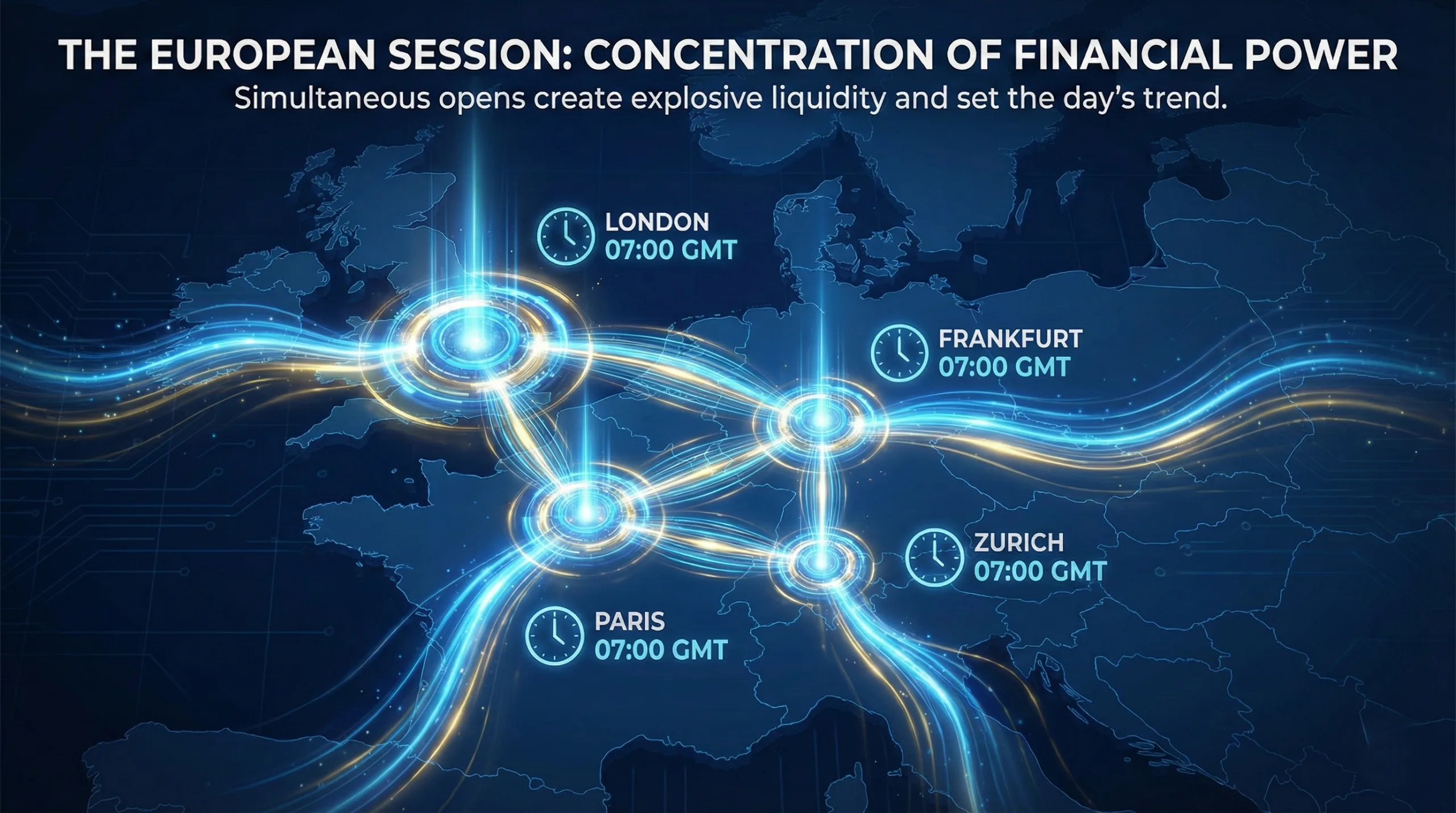 Infographic map of the Forex European Session highlighting the simultaneous market open of London, Frankfurt, Paris, and Zurich at 07:00 GMT. The visual demonstrates the high concentration of financial power and liquidity that defines this trading period.