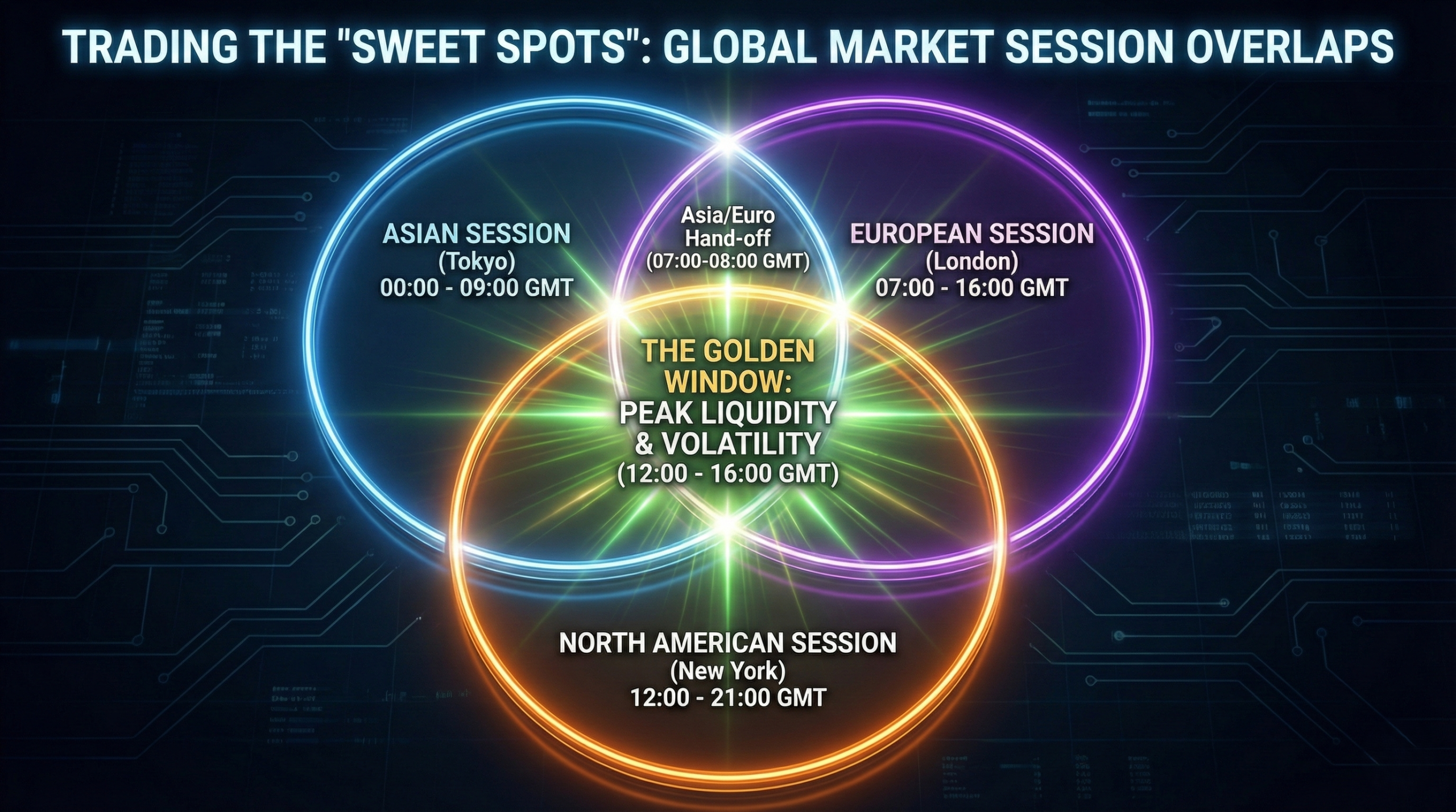 Forex market sessions Venn diagram: The graphic highlights the 'Golden Window' overlap between the London and New York sessions (12:00 – 16:00 GMT) as a bright, glowing intersection, representing the time of peak global liquidity and volatility.