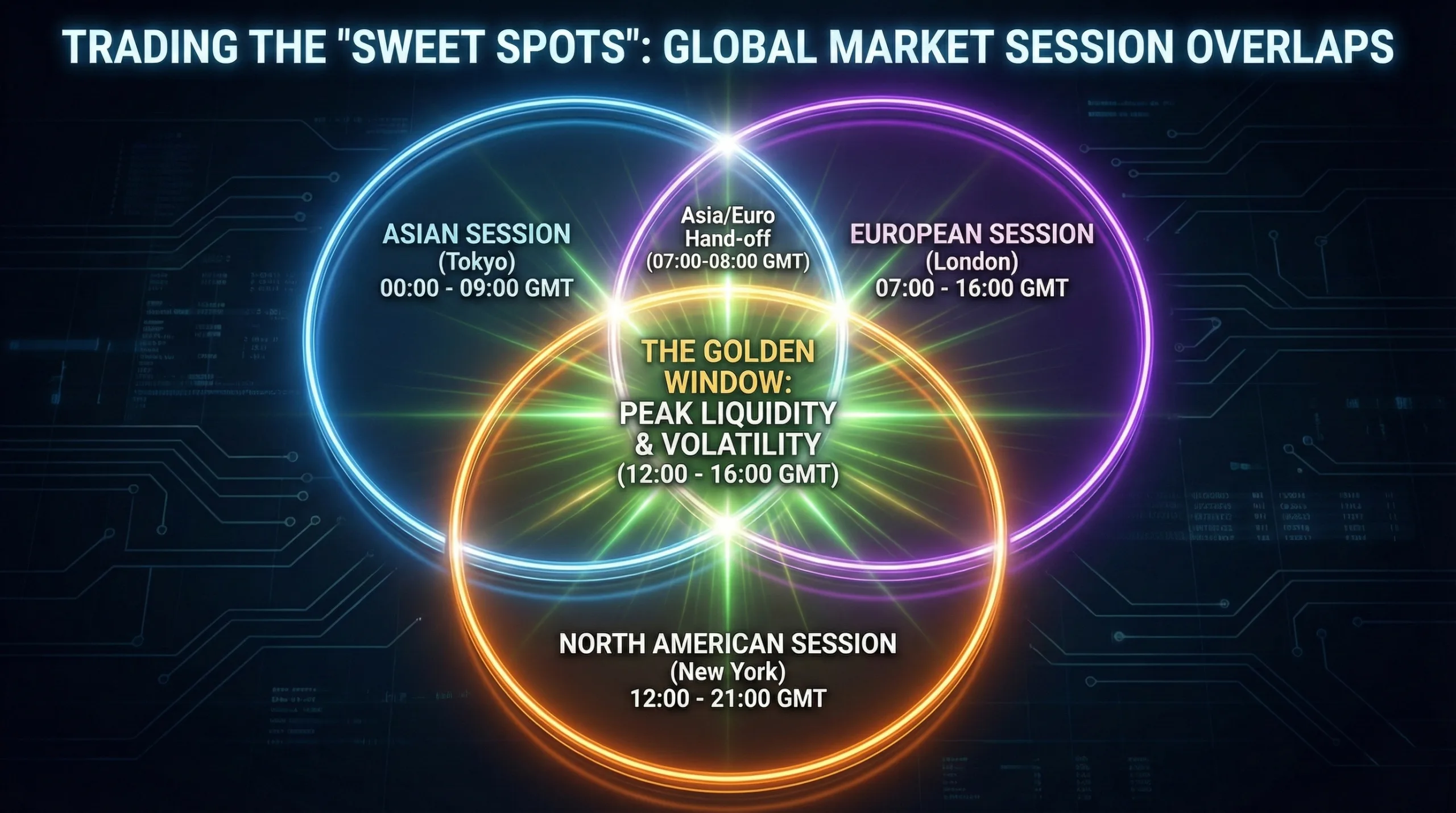 Forex market sessions Venn diagram: The graphic highlights the 'Golden Window' overlap between the London and New York sessions (12:00 – 16:00 GMT) as a bright, glowing intersection, representing the time of peak global liquidity and volatility.