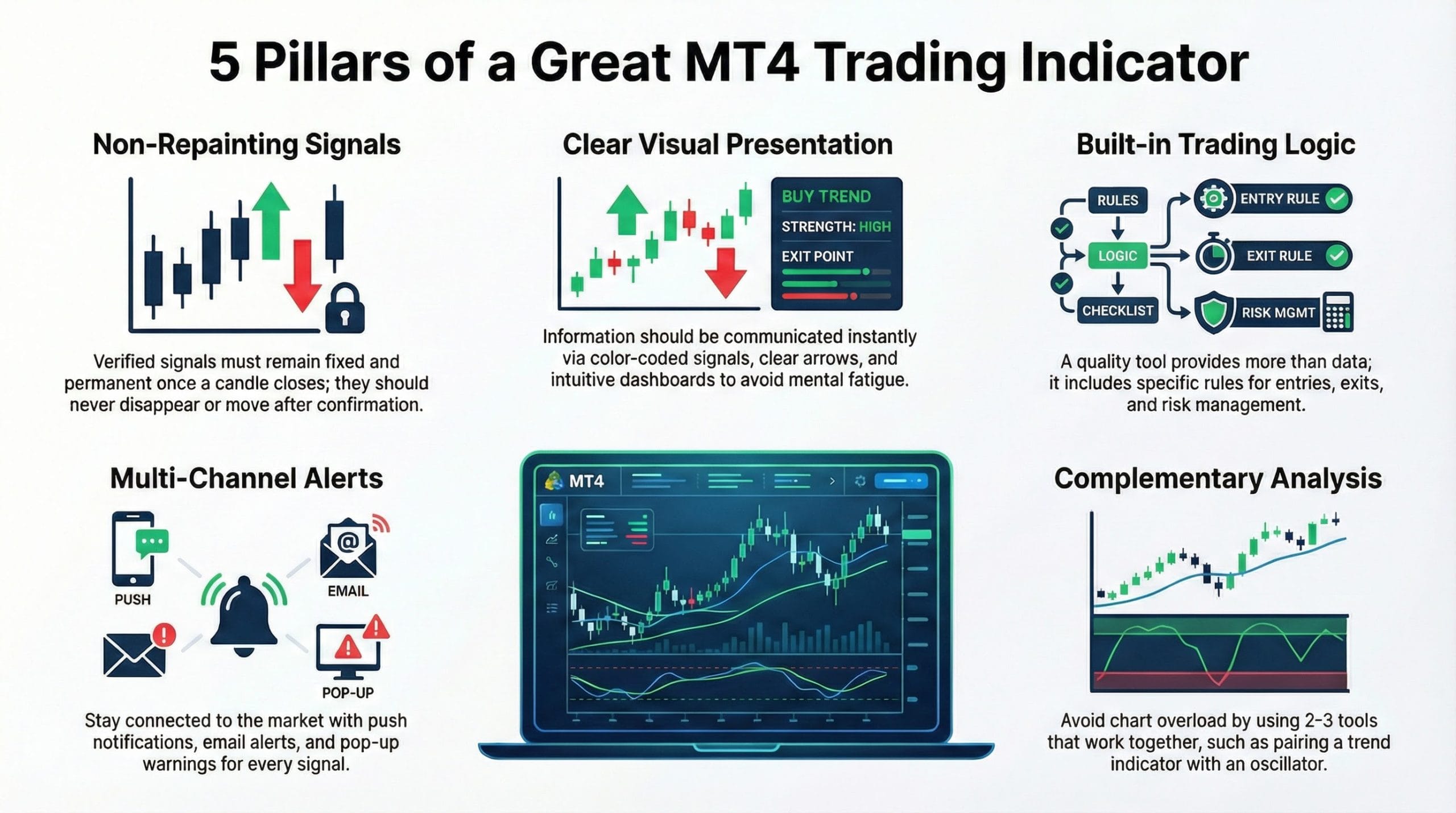 Infographic titled "5 Pillars of a Great MT4 Trading Indicator" detailing five essential features: Non-Repainting Signals for reliable historical data, Clear Visual Presentation for instant readability, Built-in Trading Logic for entry/exit rules, Multi-Channel Alerts for push and email notifications, and Complementary Analysis to avoid chart overload. The graphics surround a central illustration of a laptop running the MetaTrader 4 platform.