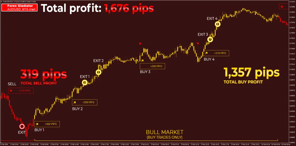 Forex Gladiator allows you to enter trades only when they follow the main trend! This is exactly how it achieves amazing results like these - 5:5 wins and 1,676 pips total on AUD:USD, M15 timeframe!