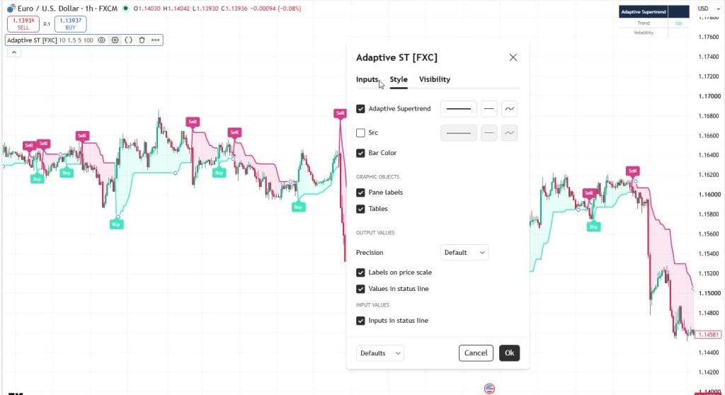 Adaptive Supertrend settings on TradingView showing ATR length, min factor, max factor and volatility lookback